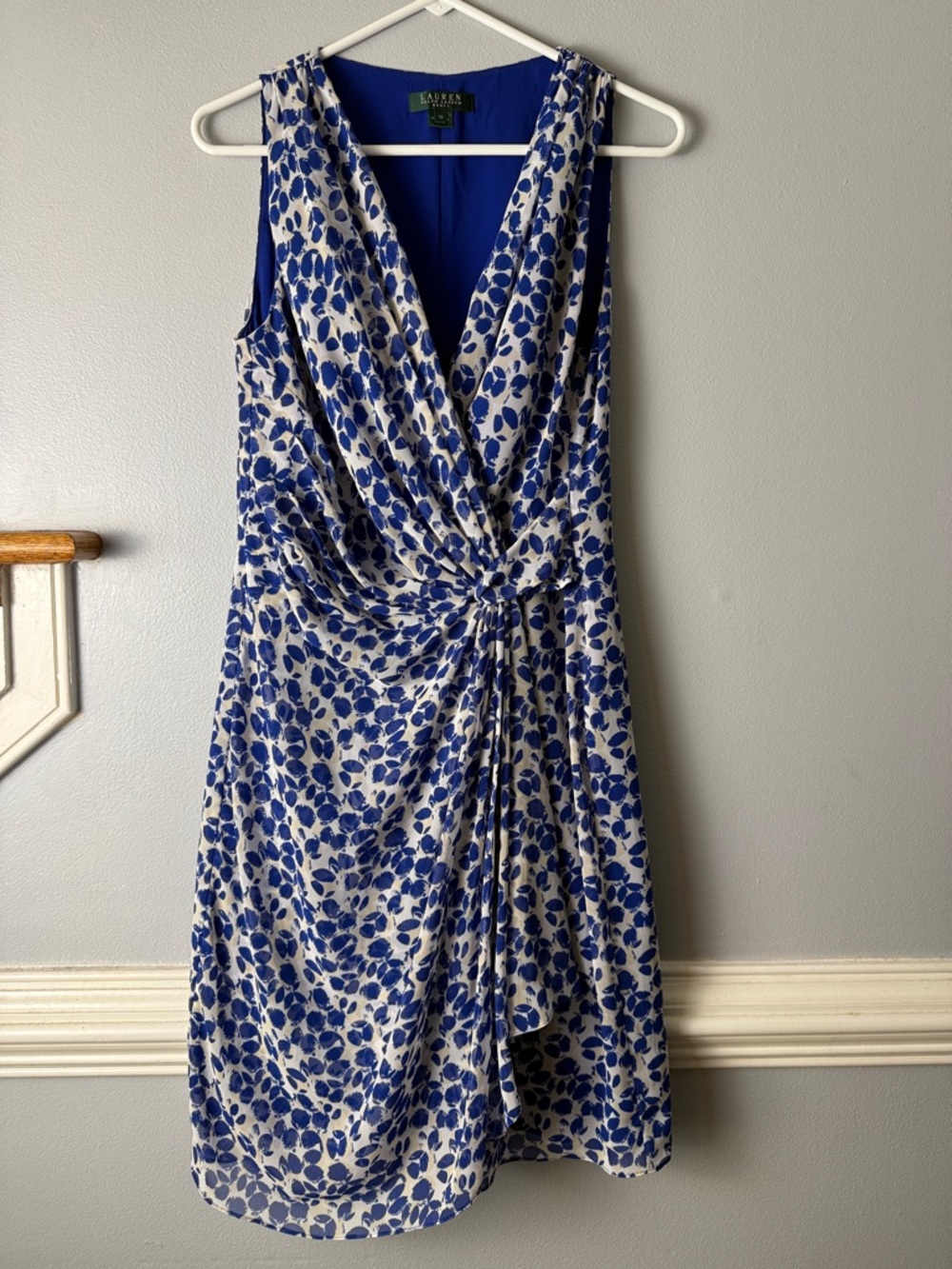 Ralph Lauren Blue and White Floral Wrap-Style Midi Dress